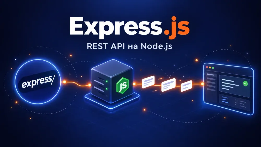 Обложка со схемой потока: логотип Express.js, серверный куб с логотипом Node.js, карточки ответов на оранжевом маршруте и окно браузера