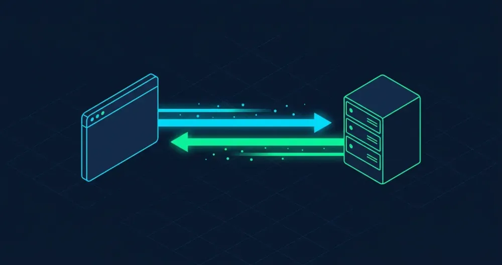WebSockets: протокол двусторонней связи в реальном времени между браузером и сервером - изометрическая иллюстрация с потоком данных