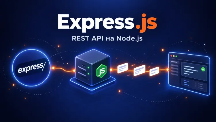 Обложка со схемой потока: логотип Express.js, серверный куб с логотипом Node.js, карточки ответов на оранжевом маршруте и окно браузера