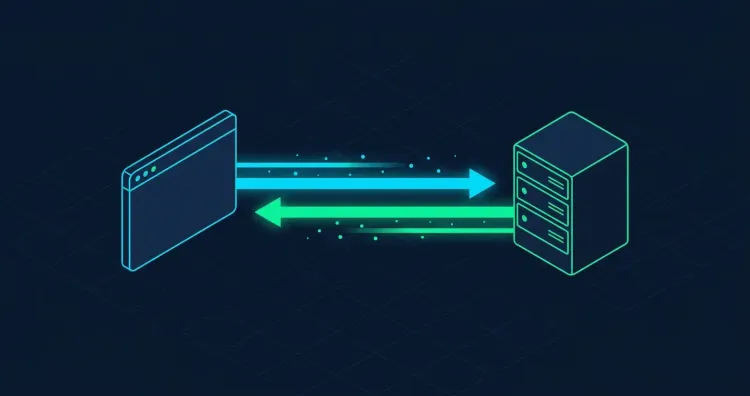 WebSockets: протокол двусторонней связи в реальном времени между браузером и сервером - изометрическая иллюстрация с потоком данных