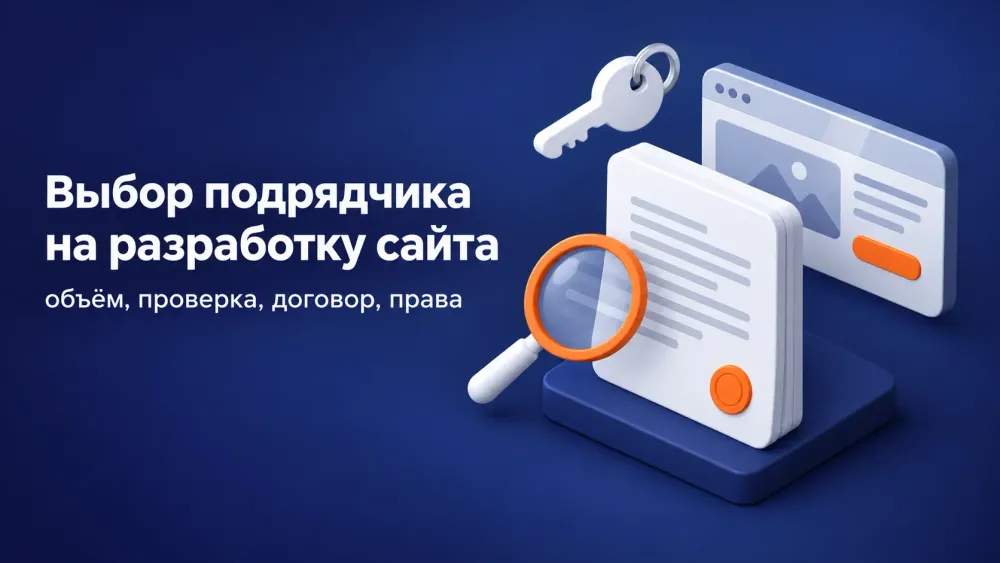 Объёмный документ договора с оранжевой печатью, лупа и ключ перед окном браузера с макетом сайта на тёмно-синем фоне