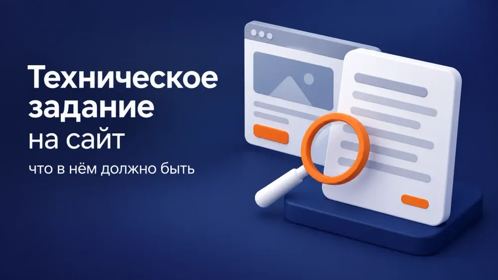 Объёмный лист технического задания с оранжевой меткой, лупа и окно браузера с макетом сайта на тёмно-синем фоне