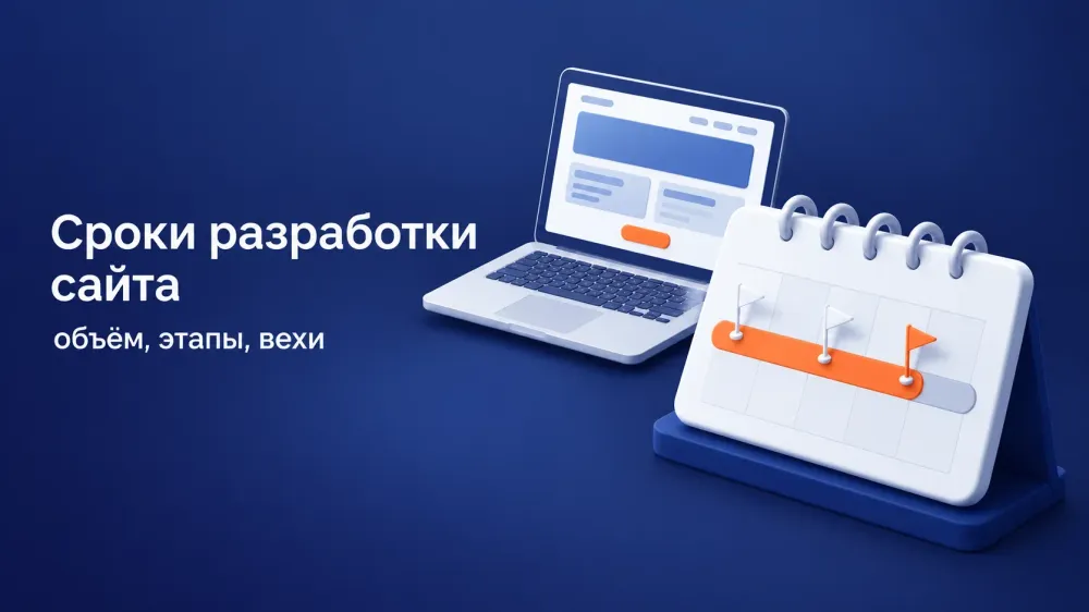 Объёмный календарь с оранжевой полосой прогресса и тремя флажками-вехами, за ним парит ноутбук с собранной страницей сайта