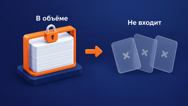 Стопка карточек в оранжевой рамке с навесным замком и подписью «В объёме», справа за зазором полупрозрачные карточки с крестиками