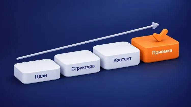 Четыре ступени в ряд с подписями «Цели», «Структура», «Контент» и «Приёмка», последняя выделена оранжевым